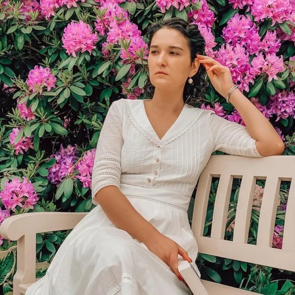 NEW — Simple Retro 100% Cotton Vintage White V-Neck Midi Victorian Dress - Picture 5 of 13